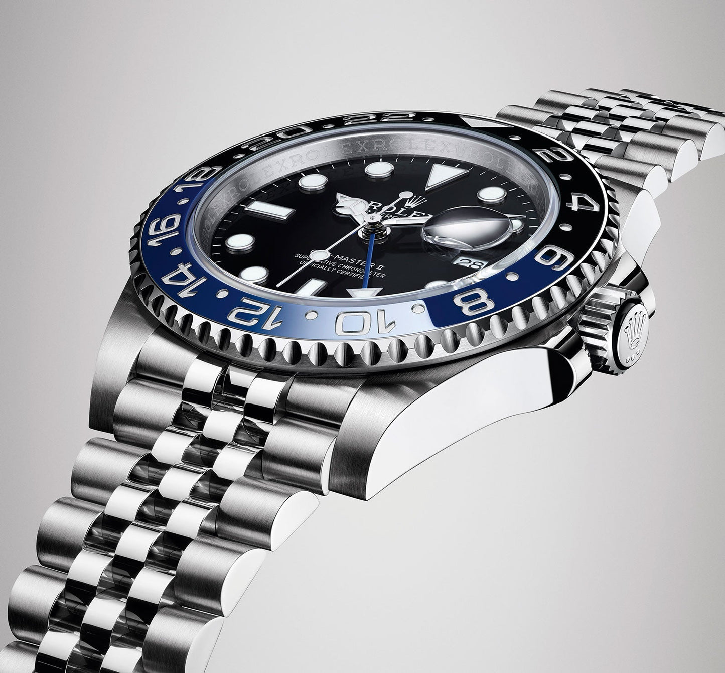 GMT-Master II, also known as the "Batgirl," which features a blue and black Cerachrom bezel and a Jubilee bracelet.