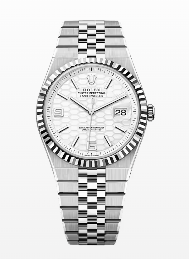 Rolex Land-Dweller 40mm in Oystersteel and white gold features a distinctive honeycomb motif dial.