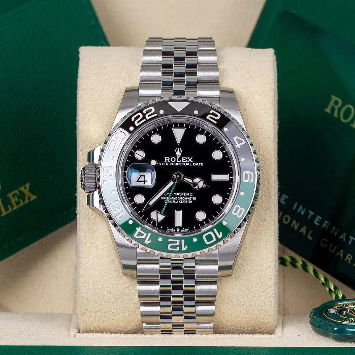 GMT-Master II "Sprite" reference 126720VTNR watch with a black and green Cerachrom bezel insert and a Jubilee bracelet.
