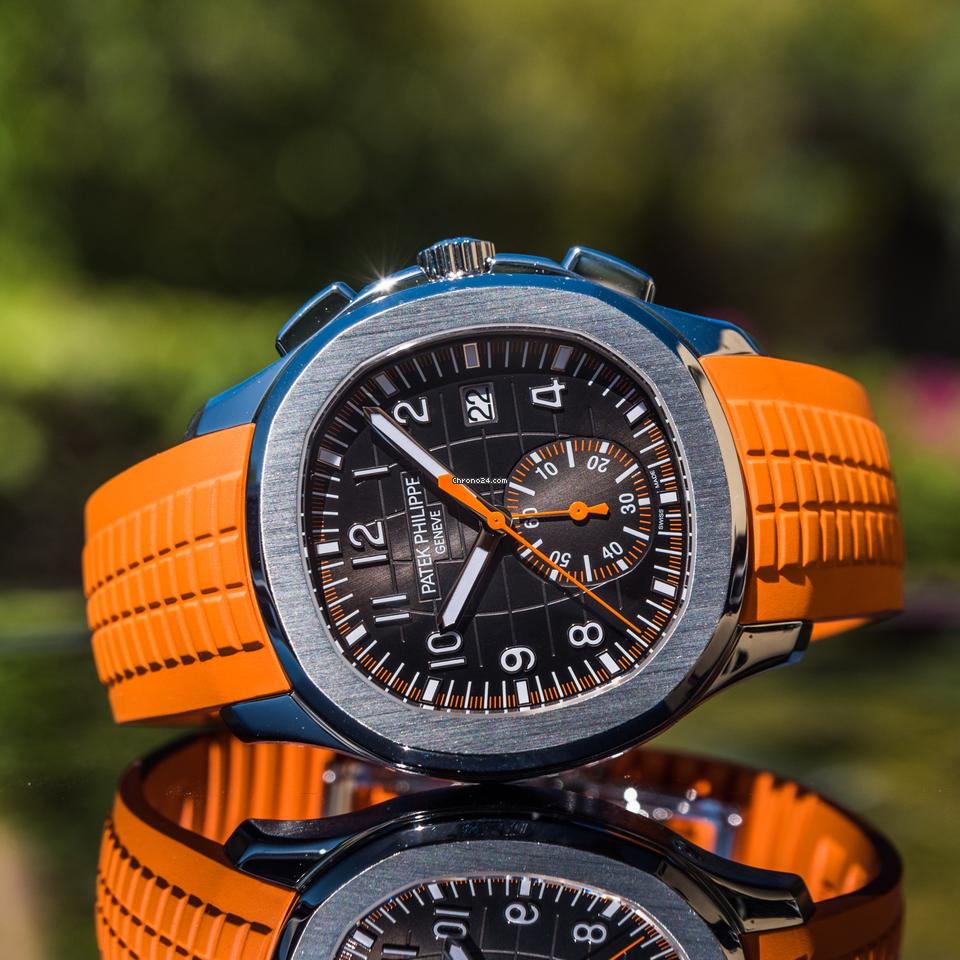Aquanaut Chronograph Ref. 5968A-001 with a black embossed dial and an orange rubber strap.