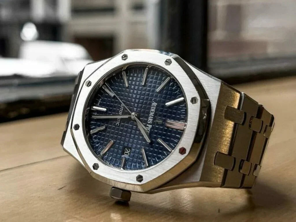 AP Royal Oak Chronograph 26331ST with a blue "Grande Tapisserie" dial and a stainless steel case and bracelet.