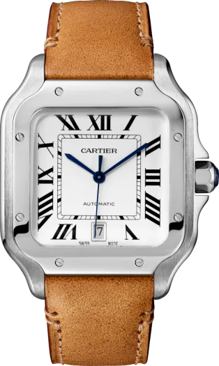 Cartier Santos de Cartier medium model watch with a steel case, silvered opaline dial, and a brown calfskin strap..