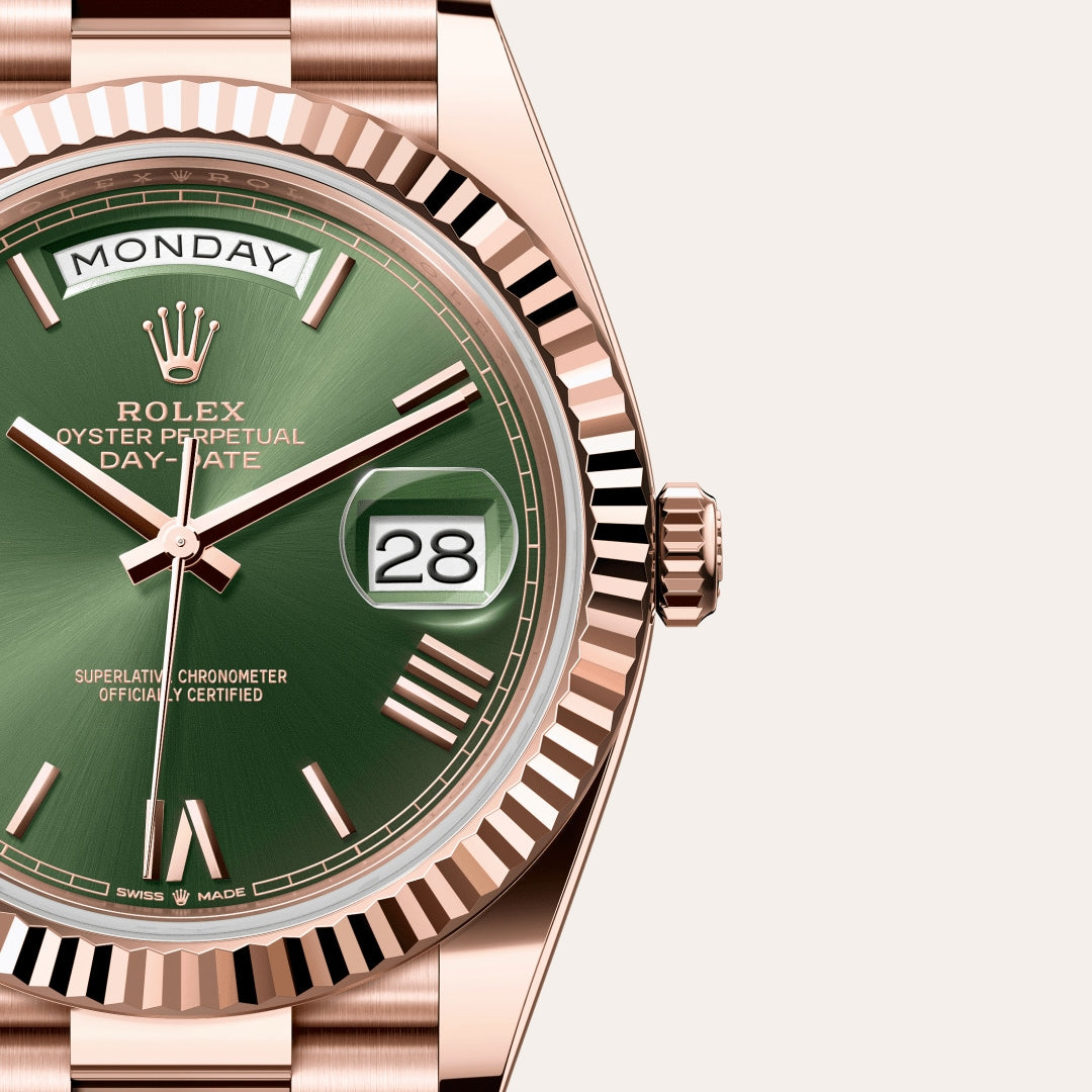 Rolex Day-Date 40 with an olive green dial and Everose gold case.
