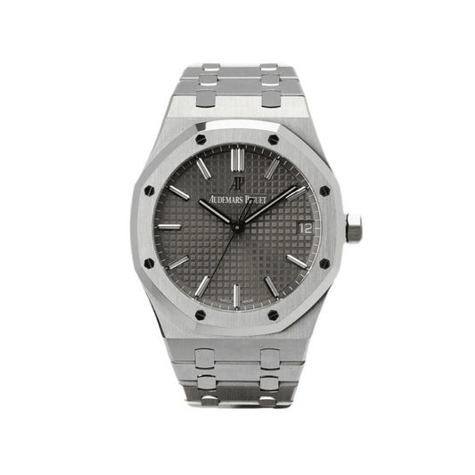 Audemars Piguet Royal Oak watch, specifically a 41mm model with a grey dial.