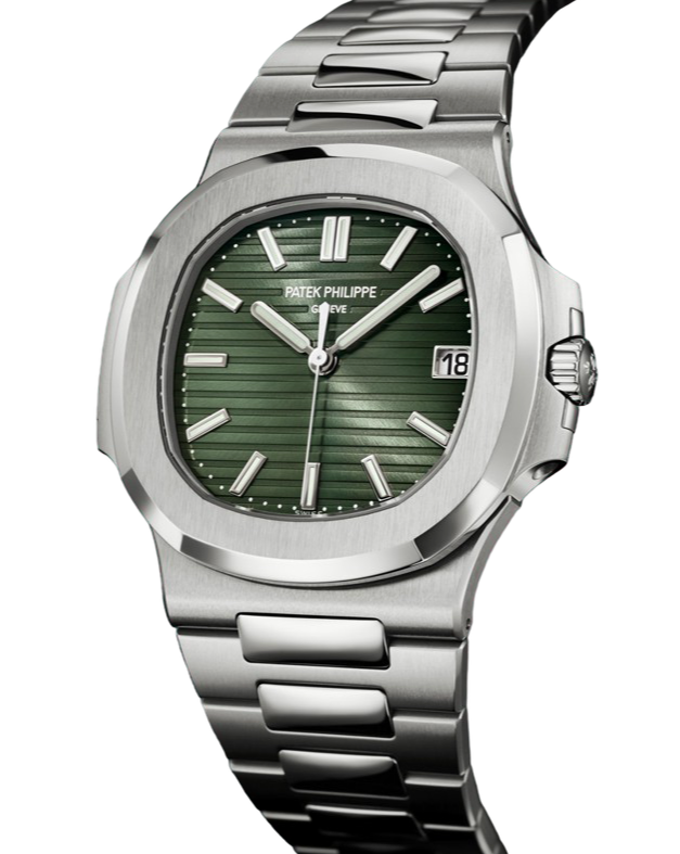 Nautilus watch, an elegant sports watch with a rounded octagonal bezel and embossed dial.