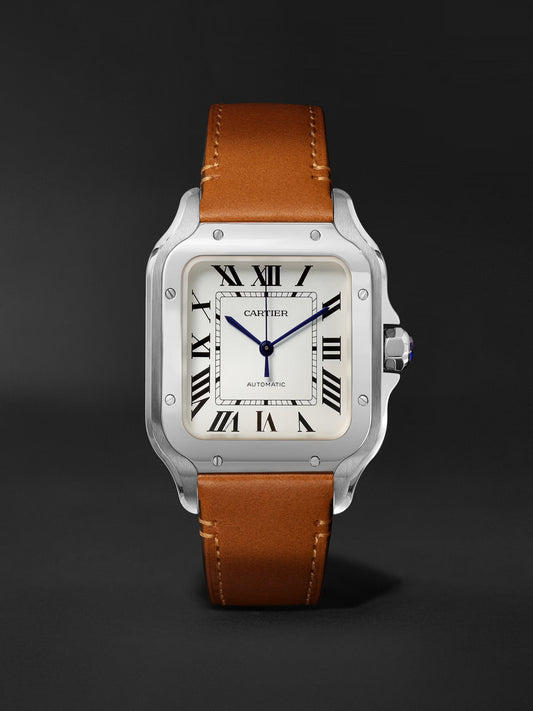 Cartier Santos de Cartier medium model watch with a steel case, silvered opaline dial, and a brown calfskin strap..