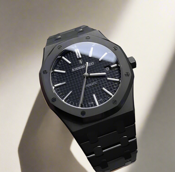 Audemars Piguet Royal Oak watch. It appears to be a customized version with a black DLC