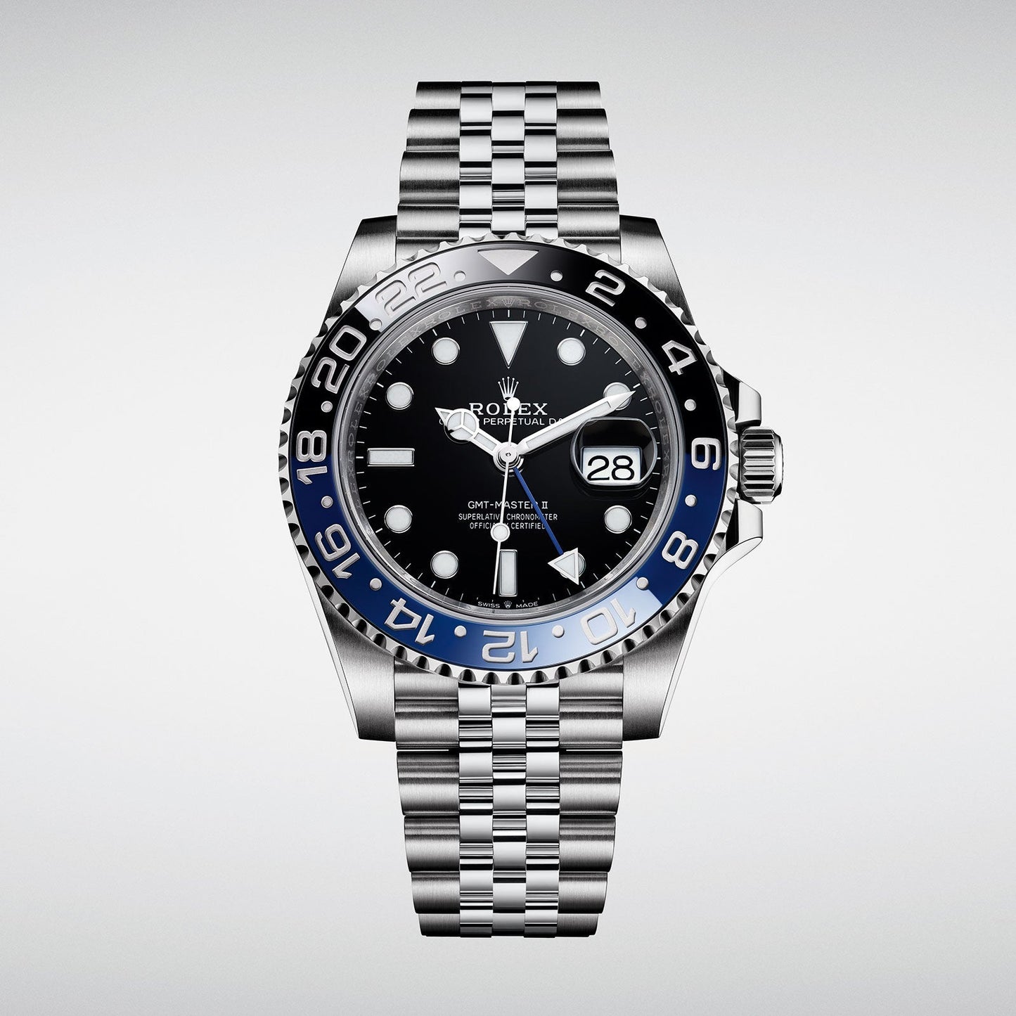 GMT-Master II, also known as the "Batgirl," which features a blue and black Cerachrom bezel and a Jubilee bracelet.
