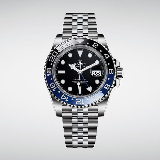 GMT-Master II, also known as the "Batgirl," which features a blue and black Cerachrom bezel and a Jubilee bracelet.