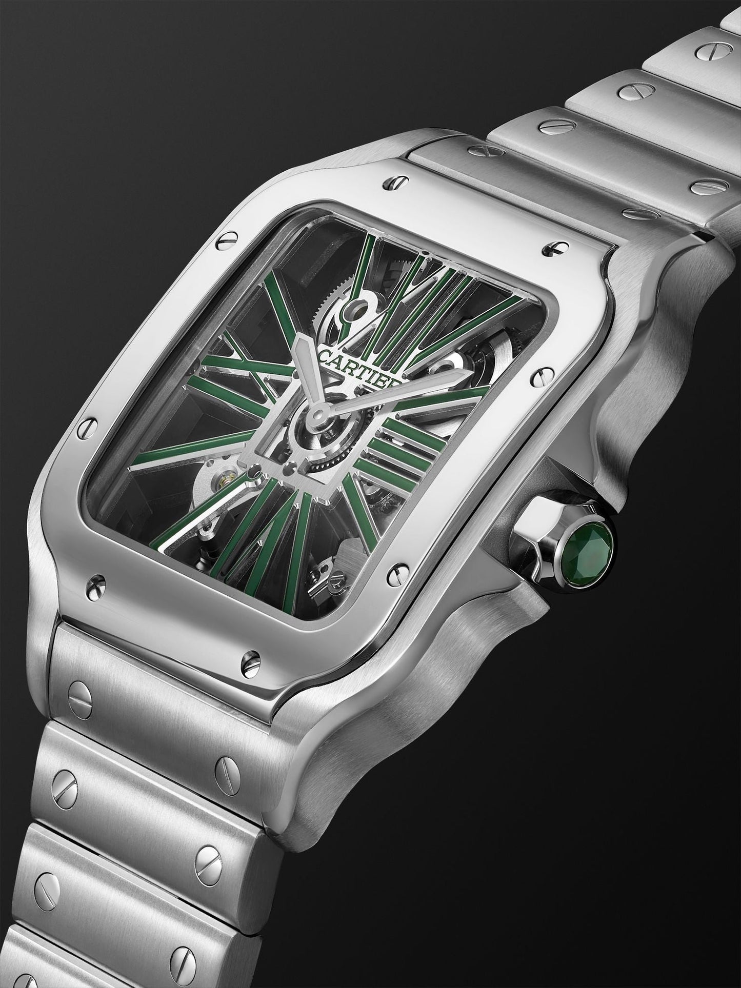 Cartier Santos de Cartier Skeleton watch, specifically the large model with green lacquer WHSA0028