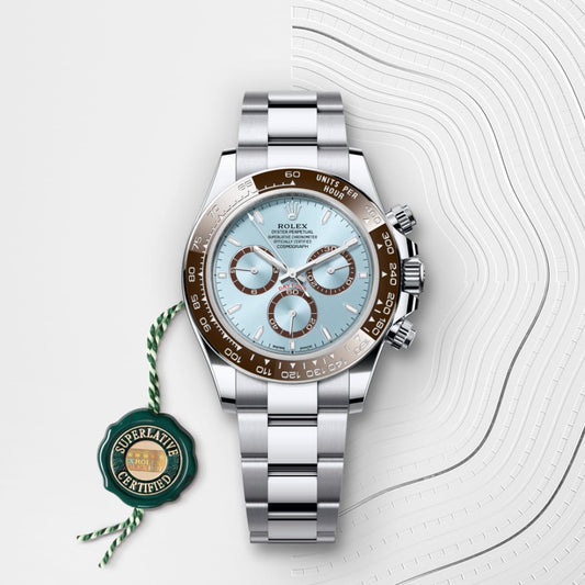 Rolex Cosmograph Daytona, likely the platinum model with an ice-blue dial and chestnut brown Cerachrom bezel.