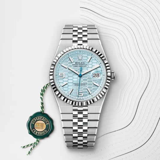 Rolex Land-Dweller 40 in platinum with an ice blue honeycomb dial, reference 127336-0001.