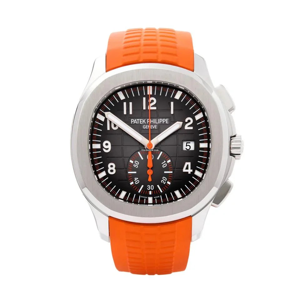Aquanaut Chronograph Ref. 5968A-001 with a black embossed dial and an orange rubber strap.