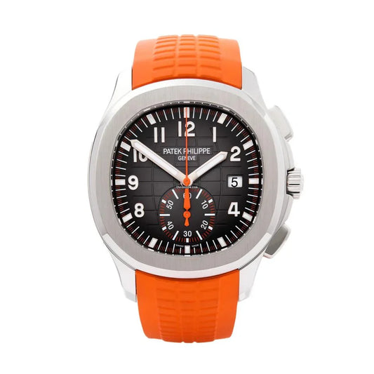 Aquanaut Chronograph Ref. 5968A-001 with a black embossed dial and an orange rubber strap.