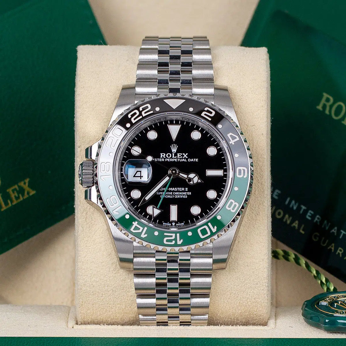 GMT-Master II "Sprite" reference 126720VTNR watch with a black and green Cerachrom bezel insert and a Jubilee bracelet.