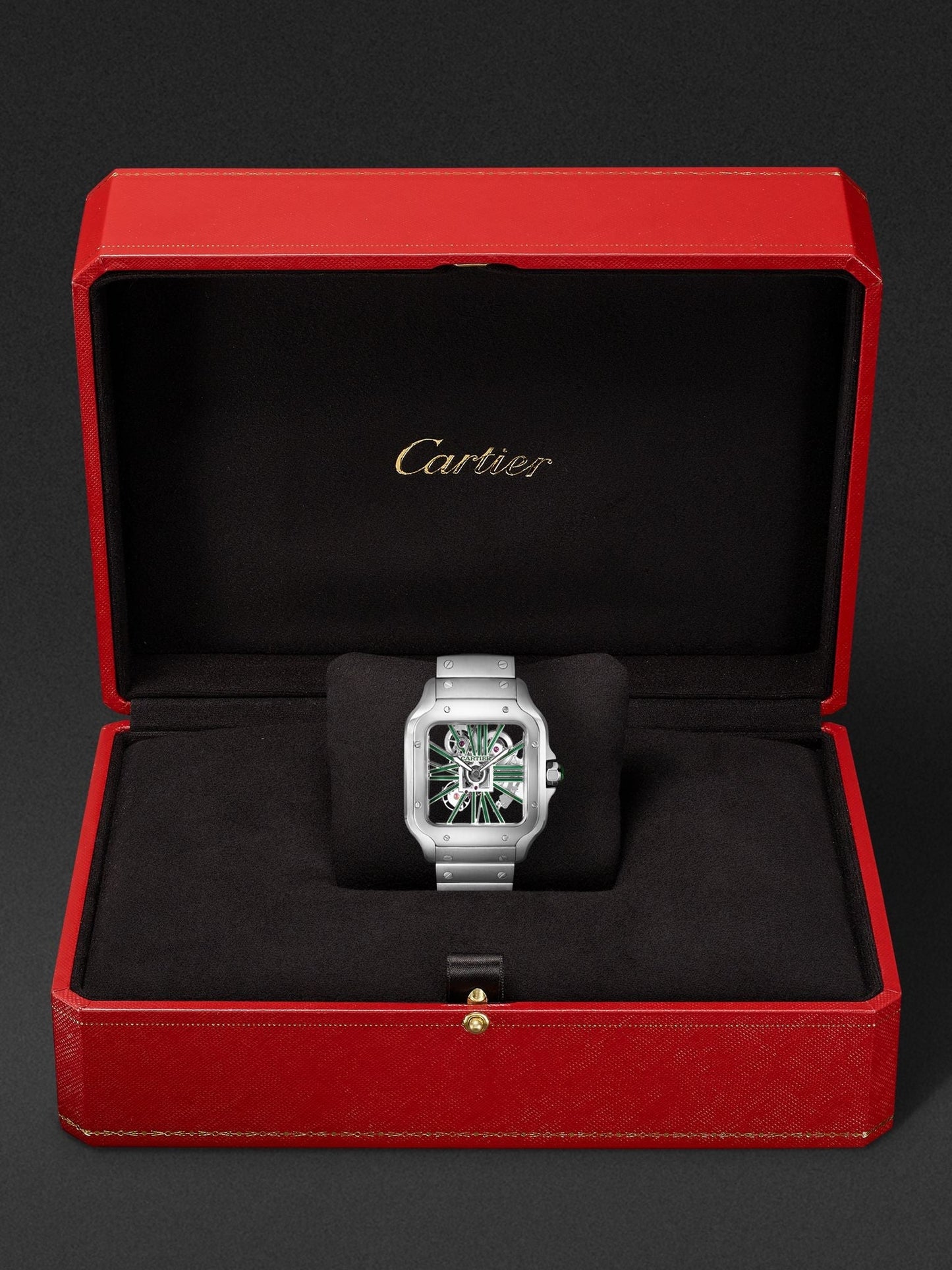Cartier Santos de Cartier Skeleton watch, specifically the large model with green lacquer WHSA0028