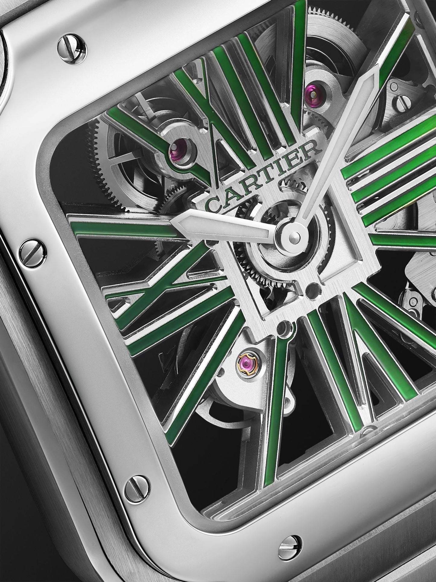 Cartier Santos de Cartier Skeleton watch, specifically the large model with green lacquer WHSA0028