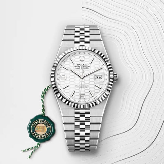 Rolex Land-Dweller 40mm in Oystersteel and white gold features a distinctive honeycomb motif dial.