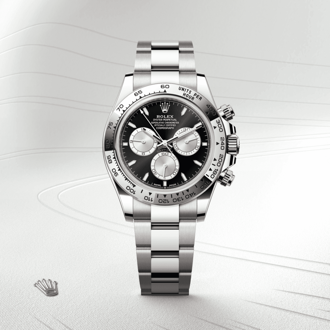 Rolex Cosmograph Daytona watch, specifically a 40mm model in 18 ct white gold