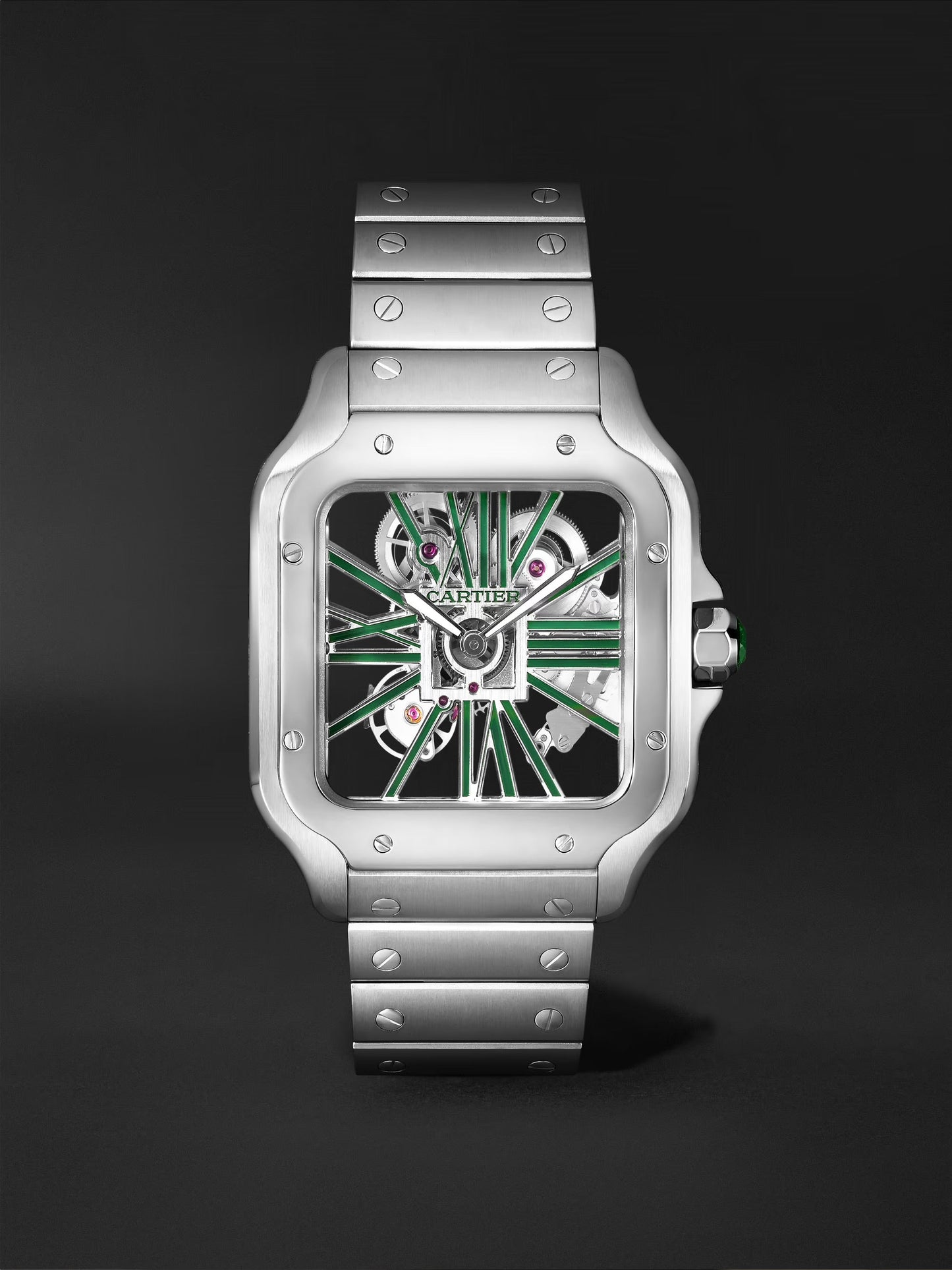 Cartier Santos de Cartier Skeleton watch, specifically the large model with green lacquer WHSA0028