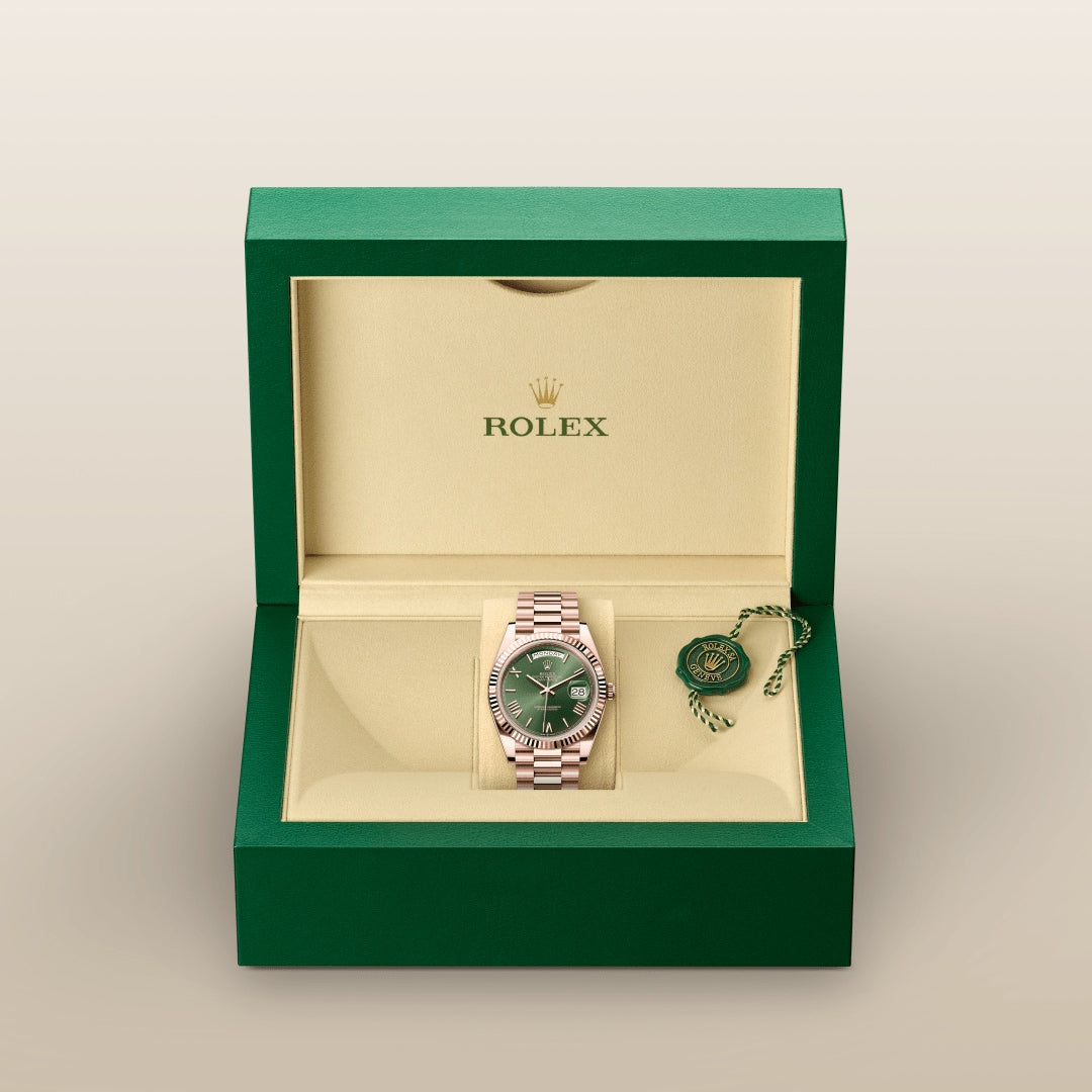 Rolex Day-Date 40 with an olive green dial and Everose gold case.