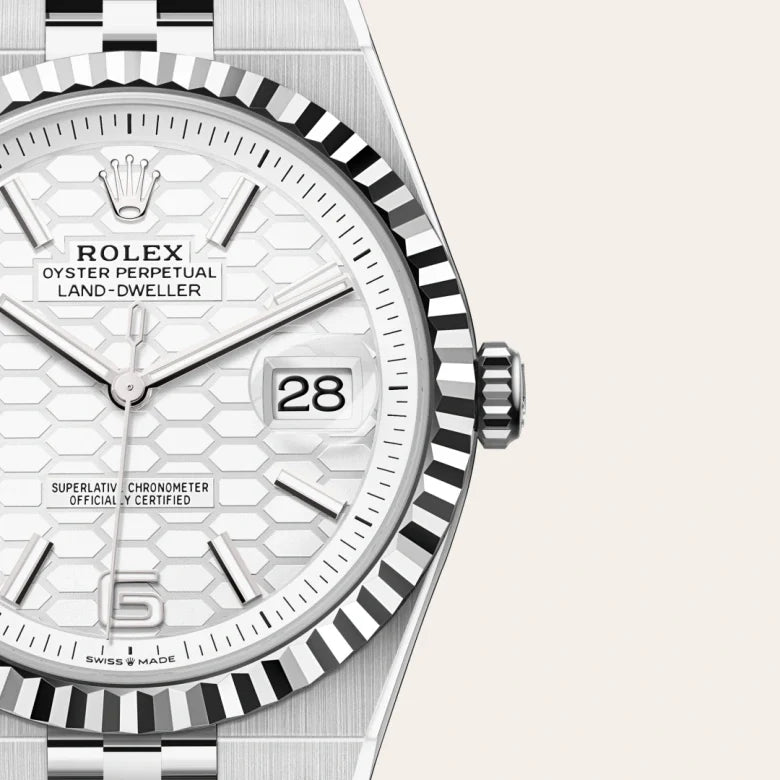 Rolex Land-Dweller 40mm in Oystersteel and white gold features a distinctive honeycomb motif dial.