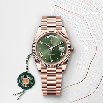 Rolex Day-Date 40 with an olive green dial and Everose gold case.