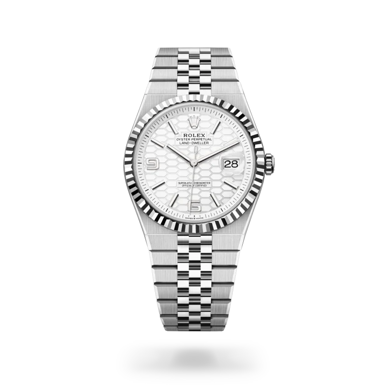 Rolex Land-Dweller 40mm in Oystersteel and white gold features a distinctive honeycomb motif dial.