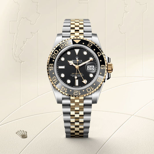 GMT-Master II in Oystersteel and yellow gold with a black dial and a Jubilee bracelet.