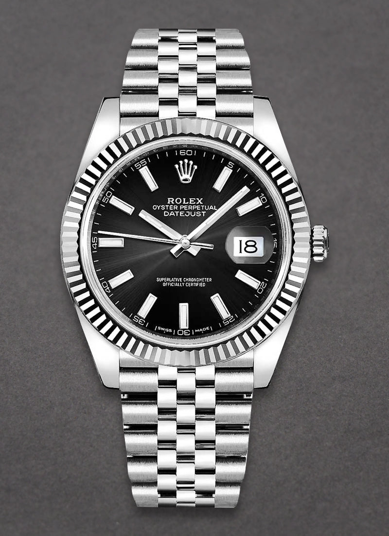 Datejust 41 with a black dial, fluted bezel, and a Jubilee bracelet.