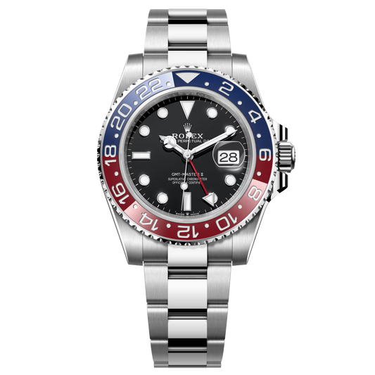 GMT-Master II watch in Oystersteel with a red and blue Cerachrom "Pepsi" bezel insert and an Oyster bracelet, reference 126710BLRO.